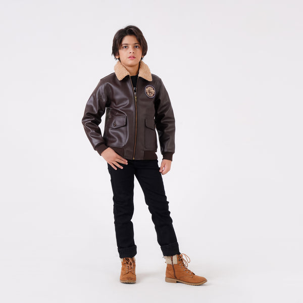 LEATHER JACKET WITH  APPLIQUE BADGE